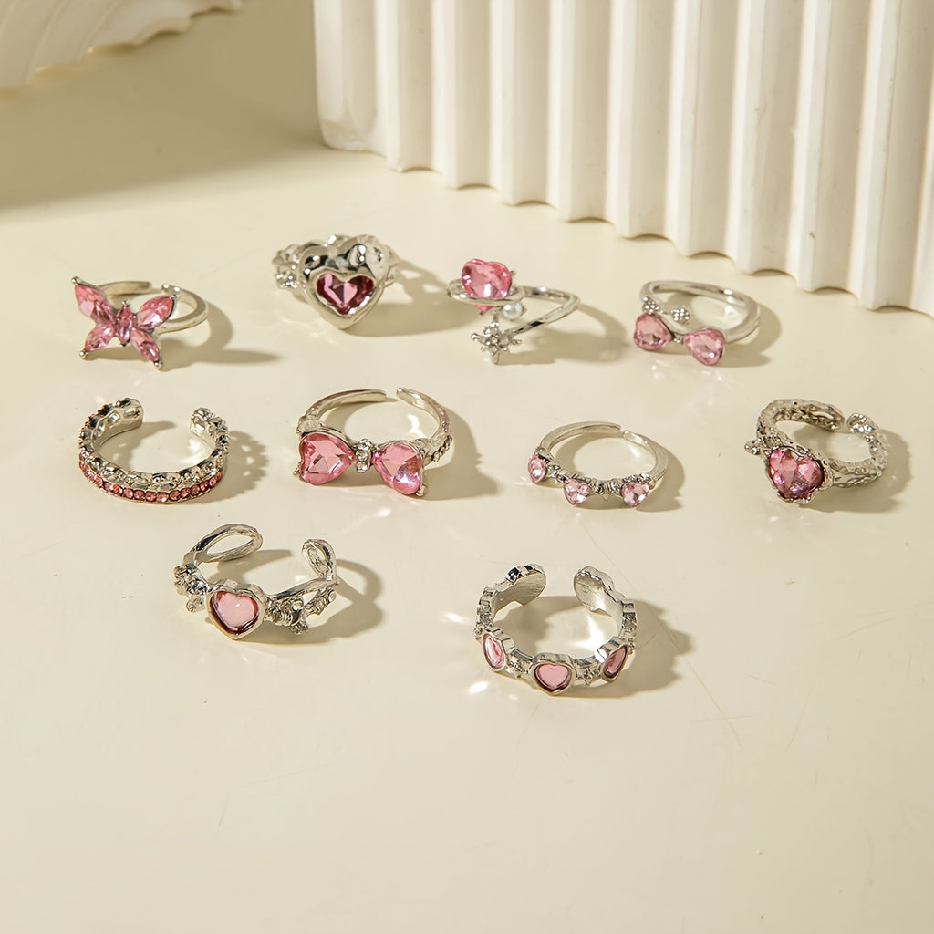 10Pc Pink Rhinestone Rings For Everyday Wear