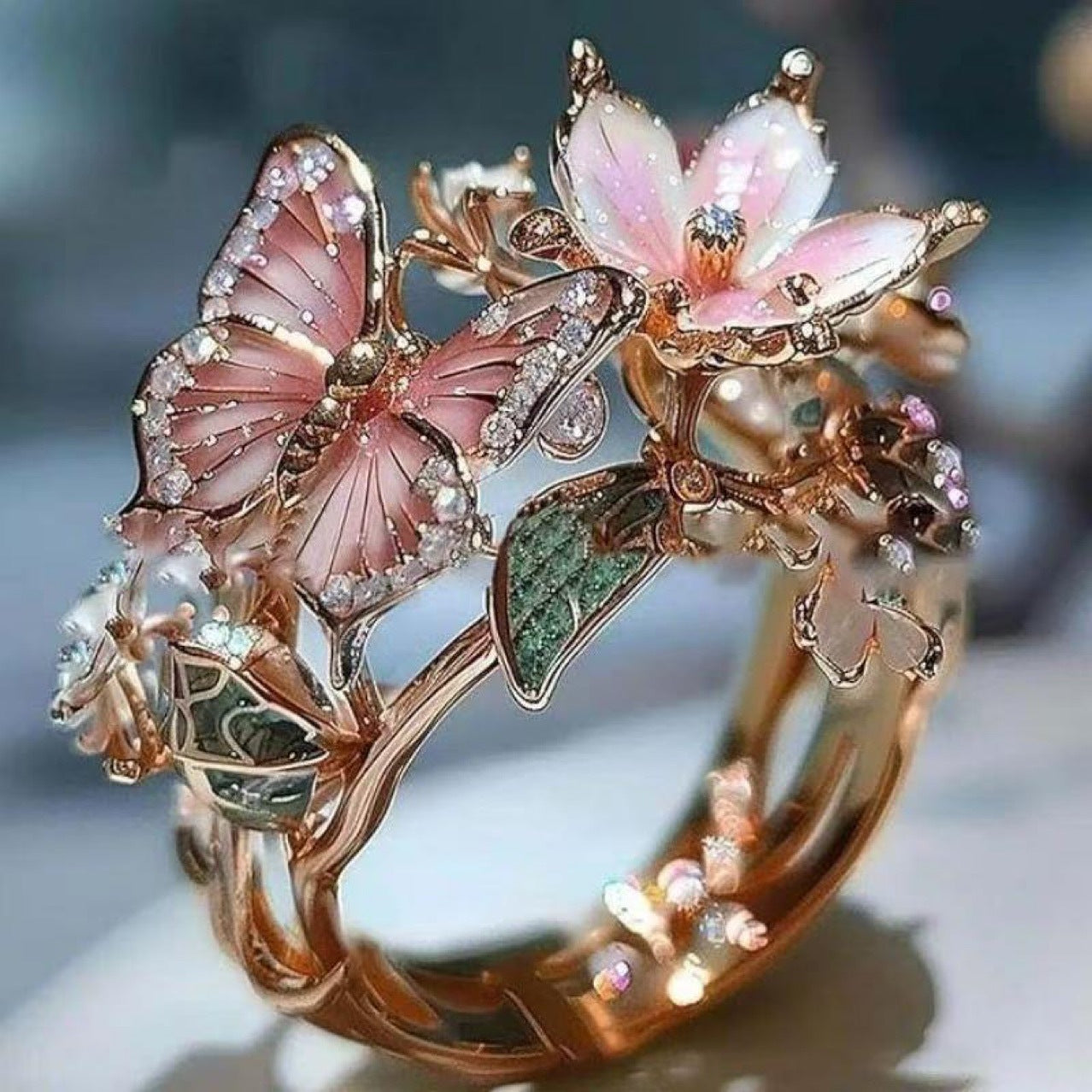 INS Flower Butterfly Ring With Rhinestones