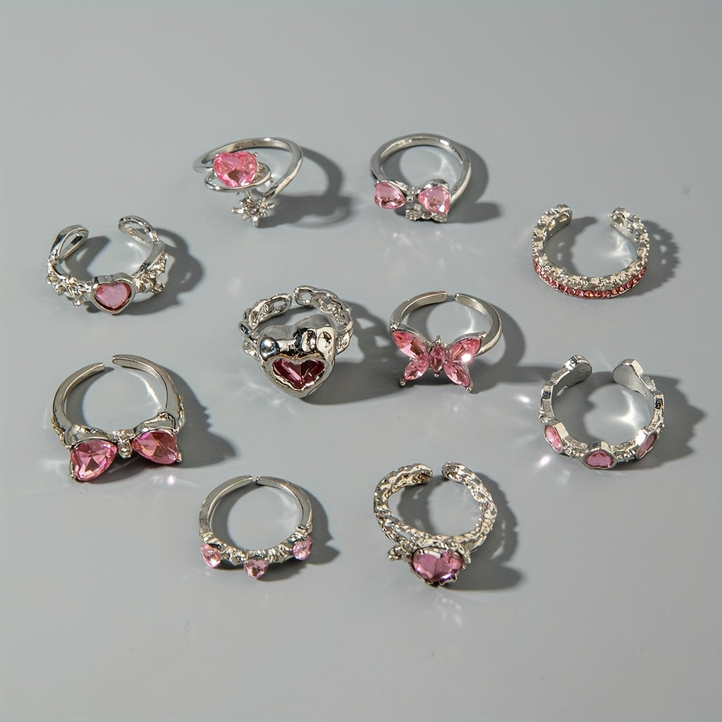 10Pc Pink Rhinestone Rings For Everyday Wear