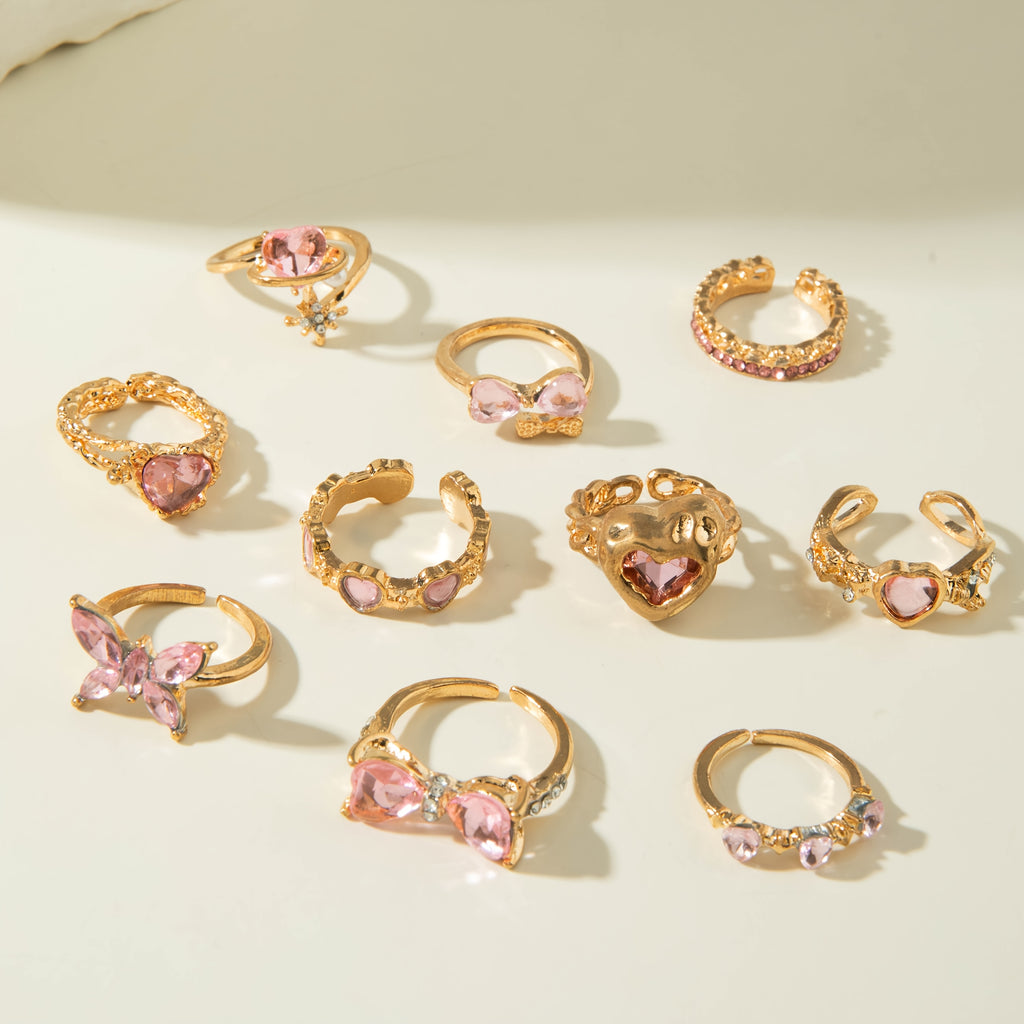 10Pc Pink Rhinestone Rings For Everyday Wear