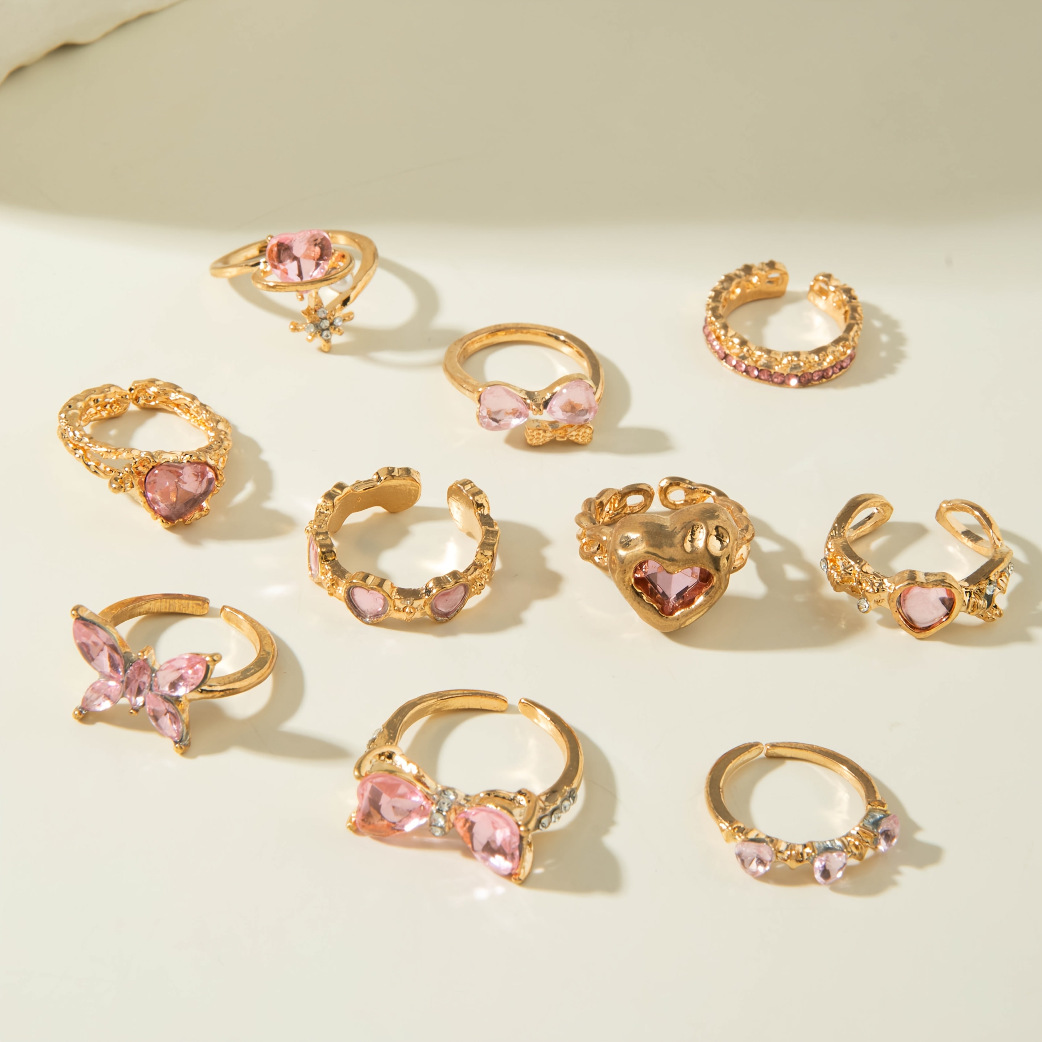 10Pc Pink Rhinestone Rings For Everyday Wear