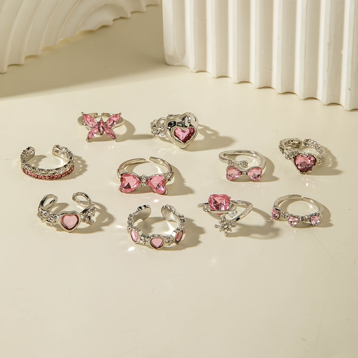 10Pc Pink Rhinestone Rings For Everyday Wear