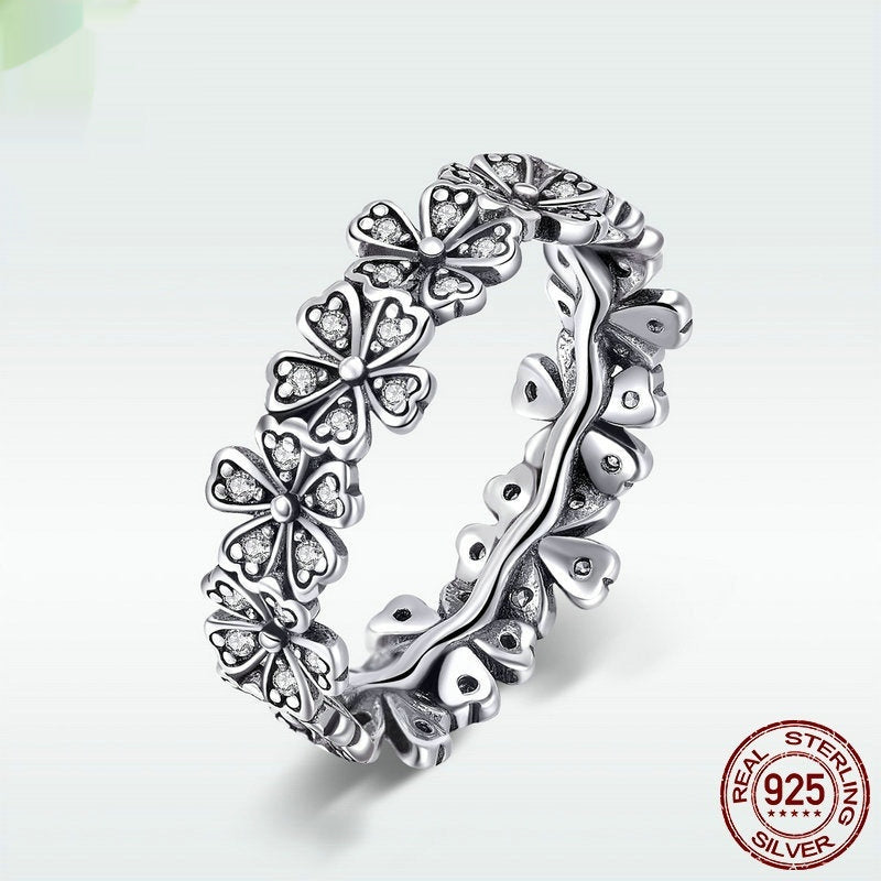 Sterling Silver Women's Daisy Rings & Ear Studs Jewelry Suit