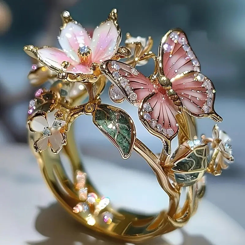 INS Flower Butterfly Ring With Rhinestones