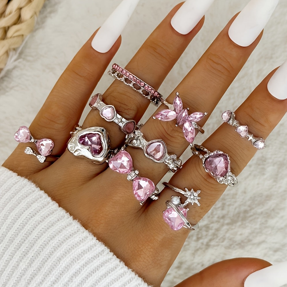 10Pc Pink Rhinestone Rings For Everyday Wear