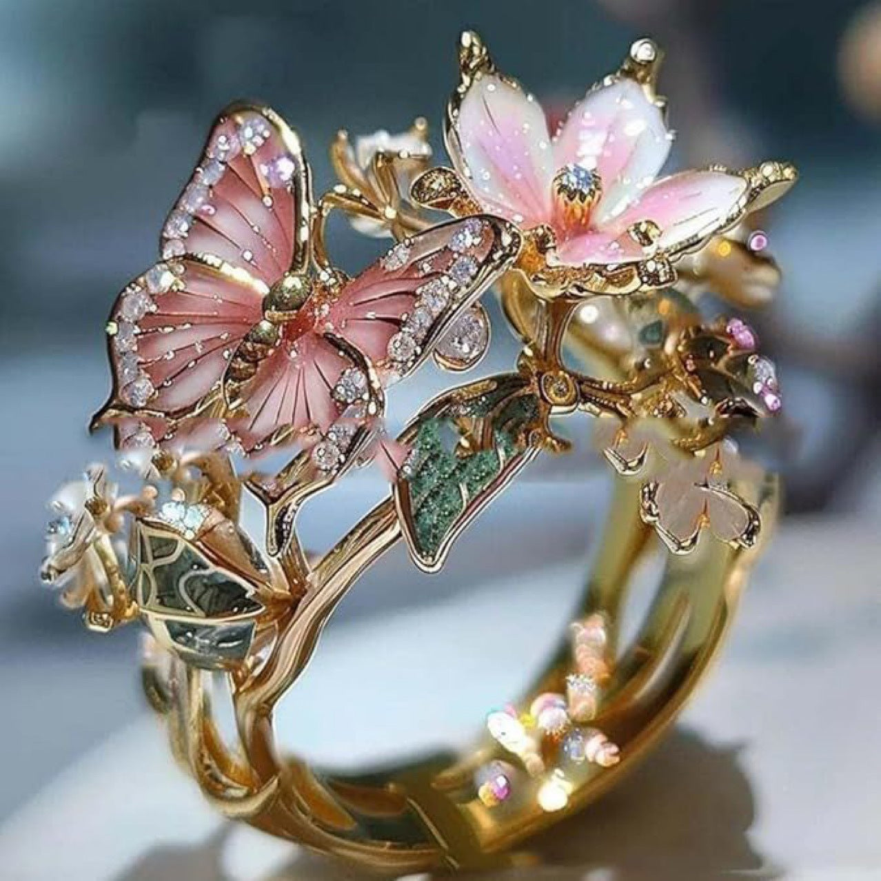 INS Flower Butterfly Ring With Rhinestones