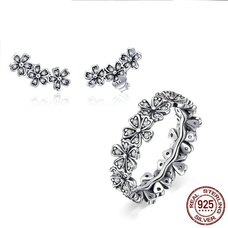 Sterling Silver Women's Daisy Rings & Ear Studs Jewelry Suit