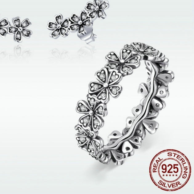 Sterling Silver Women's Daisy Rings & Ear Studs Jewelry Suit