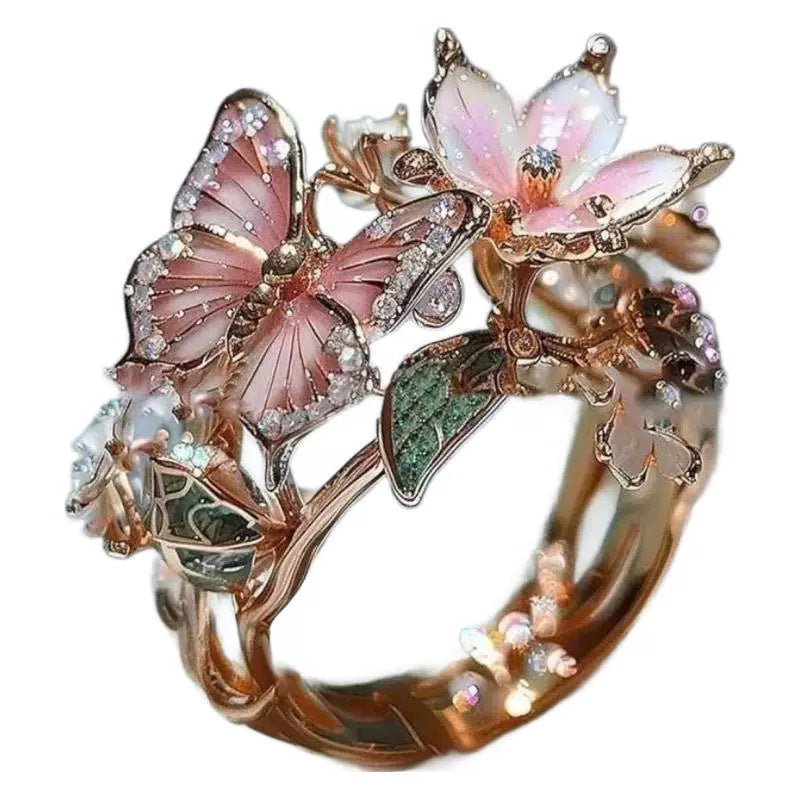 INS Flower Butterfly Ring With Rhinestones