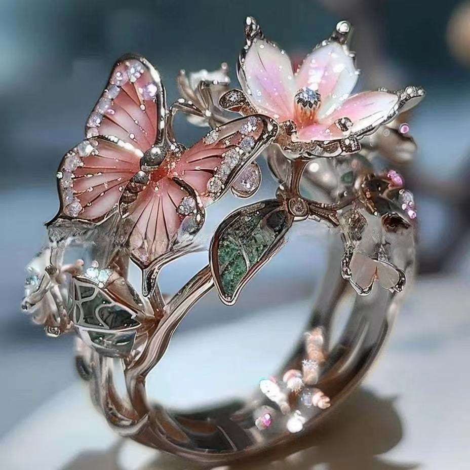 INS Flower Butterfly Ring With Rhinestones
