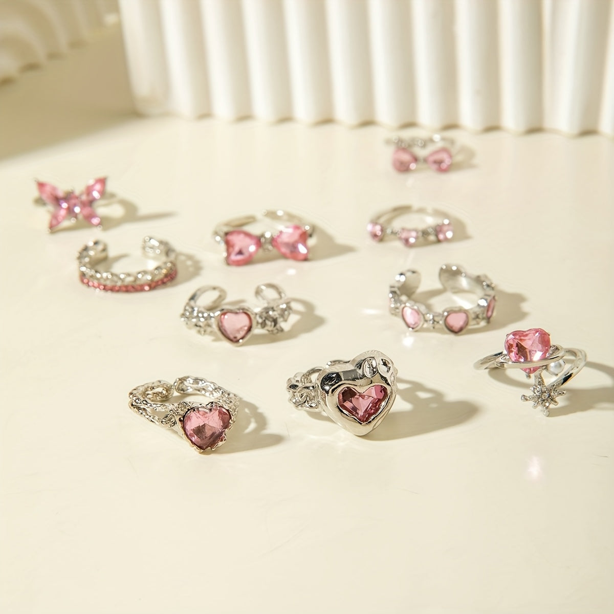 10Pc Pink Rhinestone Rings For Everyday Wear